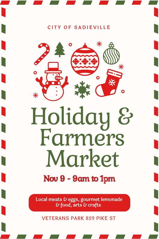 Flyer for the Holiday & Farmers Market at Veterans Park, Sadieville, on Nov 9, 9am to 1pm, featuring food and crafts.