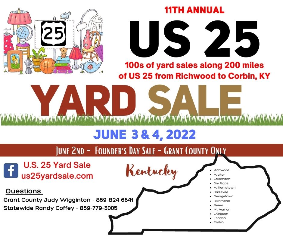Flyer promoting the 11th Annual US 25 Yard Sale on June 3-4, 2022, covering 200 miles from Richwood to Corbin, KY.