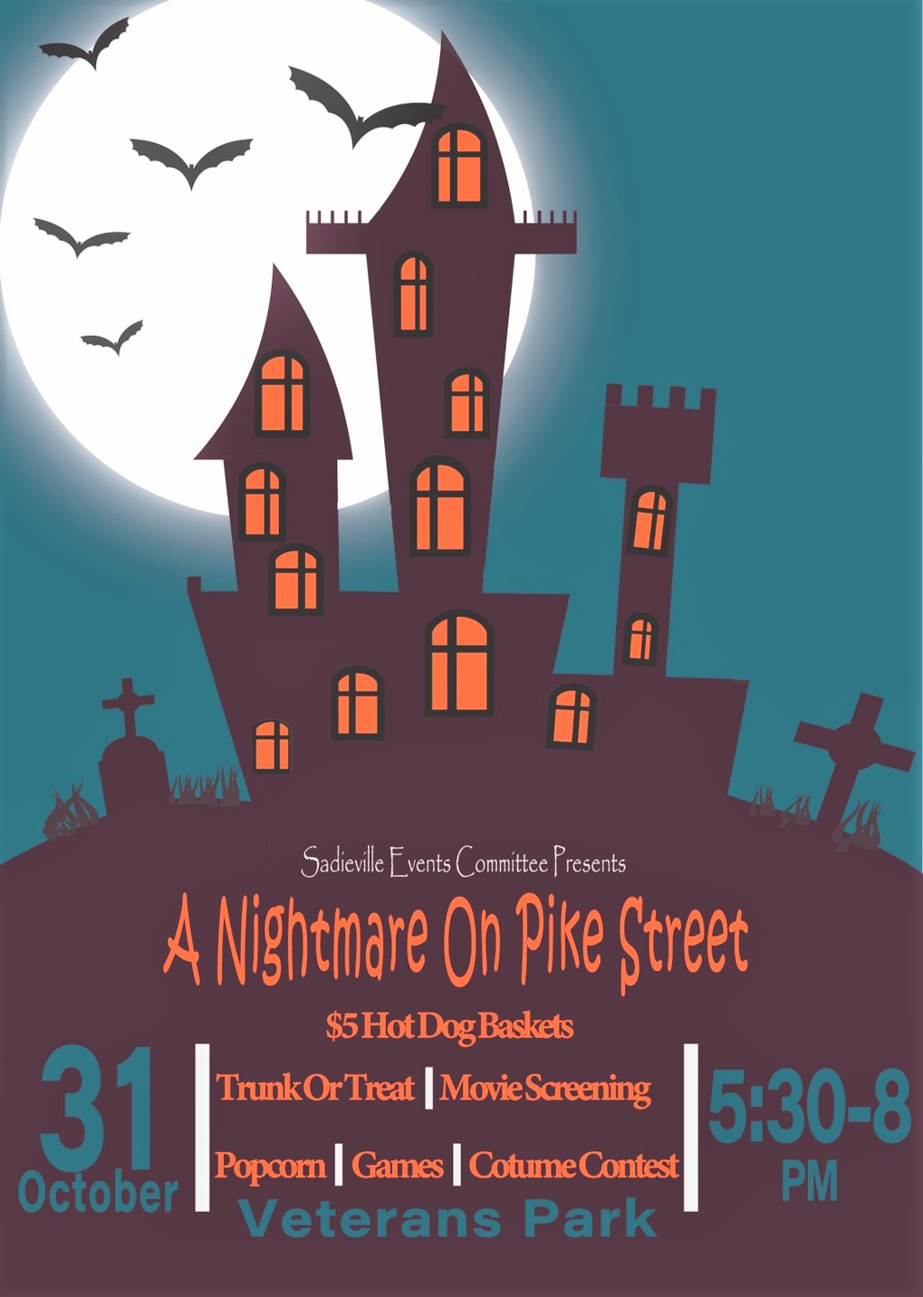 Halloween-themed event poster showing a haunted house, bats, and a full moon, with event details for October 31 at Veterans Park.