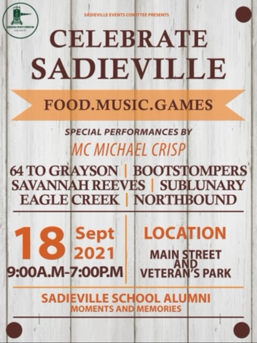 Poster for the Celebrate Sadieville event on September 18, 2021, featuring food, music, and games at Main Street and Veteran's Park.