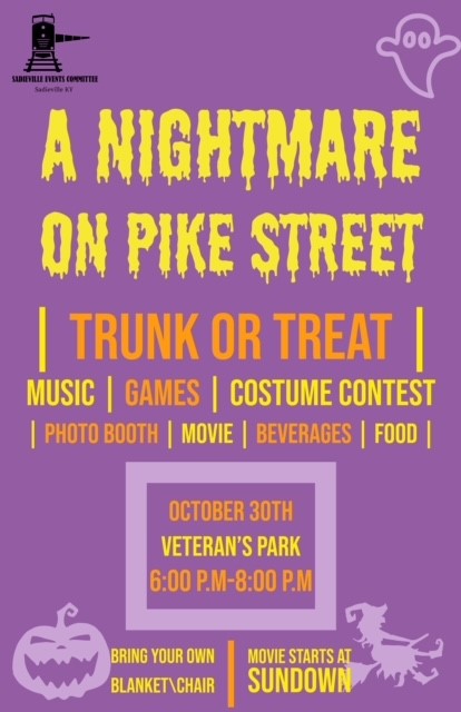Purple and yellow poster for "A Nightmare on Pike Street" event featuring trunk or treat, music, games, and more on October 30th.