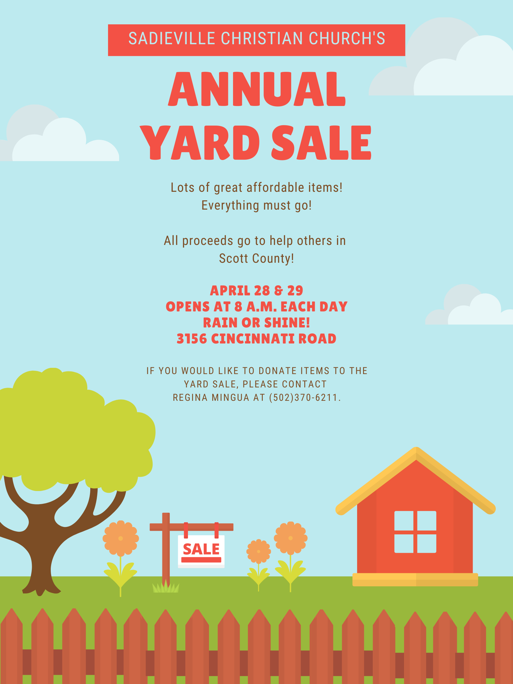 Flyer for Sadieville Christian Church's Annual Yard Sale, April 28-29, 8 a.m., at 3156 Cincinnati Road.