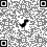 A QR code with a pixelated dinosaur at its center.