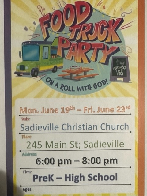 Flyer for a "Food Truck Party" event at Sadieville Christian Church, June 19-23, 6:00-8:00 pm for PreK to High School.