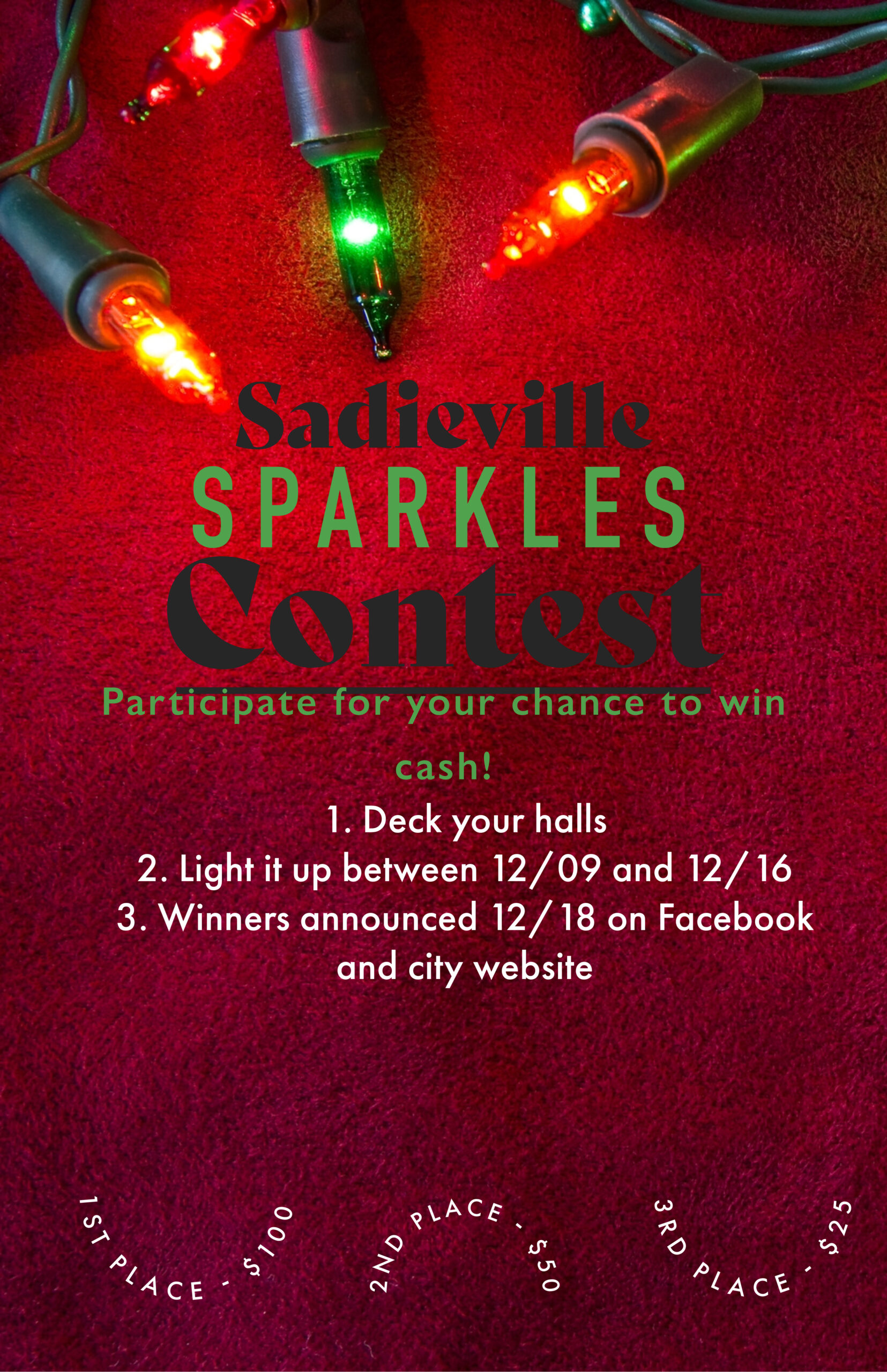 Holiday lights and text on red background promoting the Sadieville Sparkles Contest with dates and prize details.