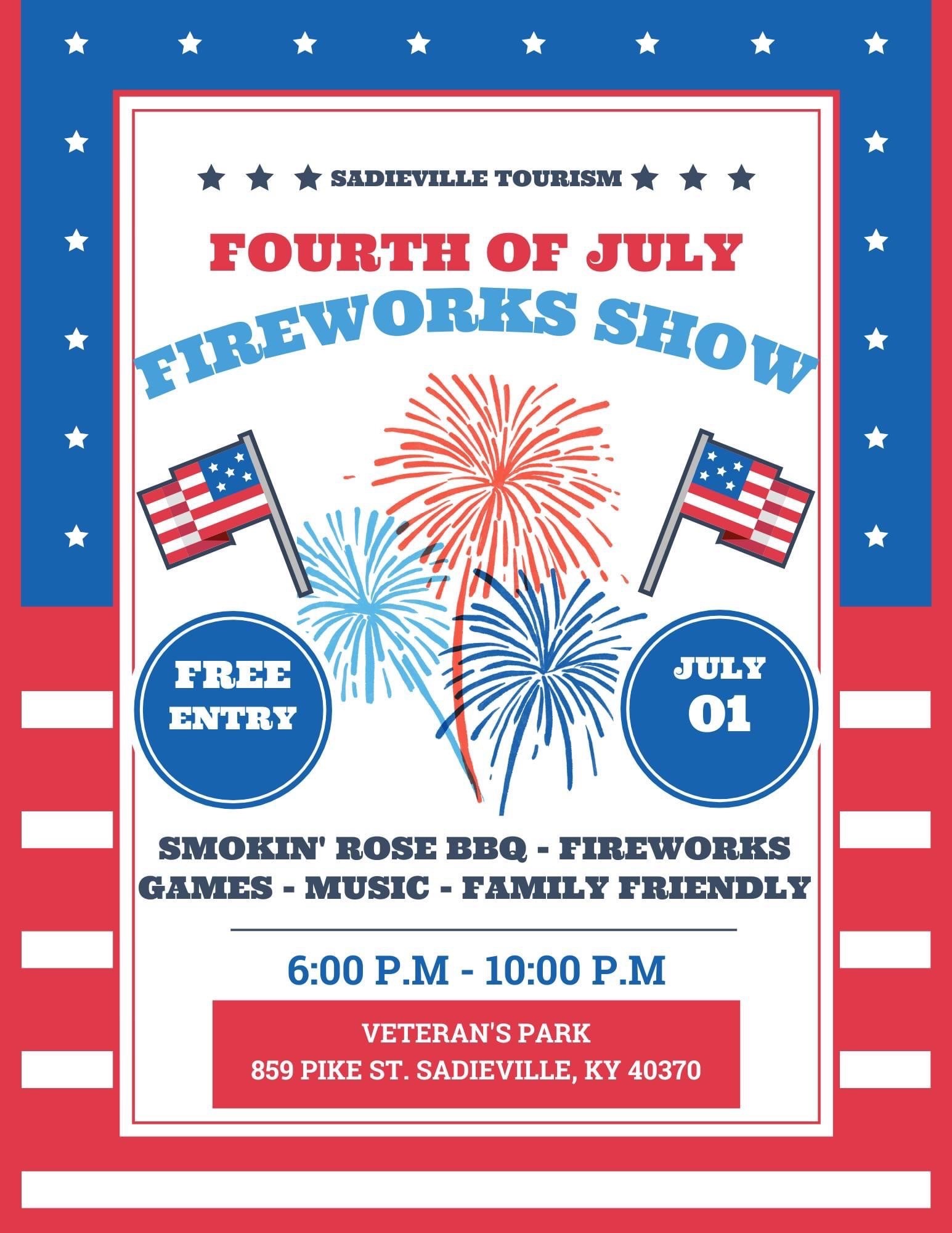 Fourth of July fireworks show poster with event details, including location, time, and activities in patriotic colors.