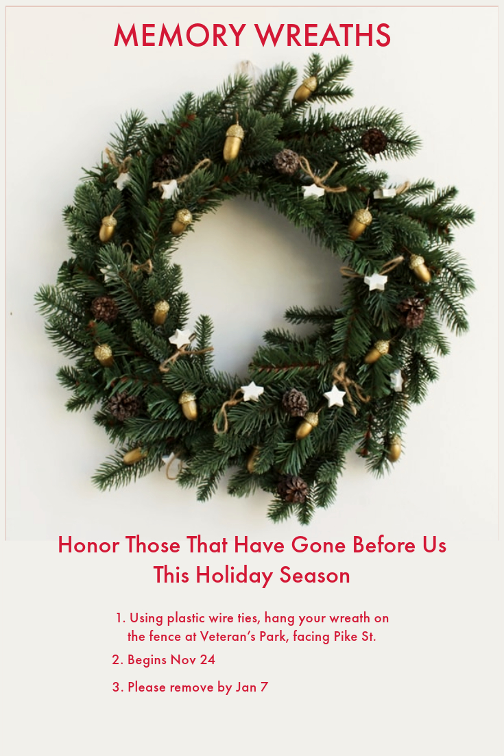 Holiday wreath with acorn decorations and text about memory wreath event at Veteran's Park from Nov 24 to Jan 7.