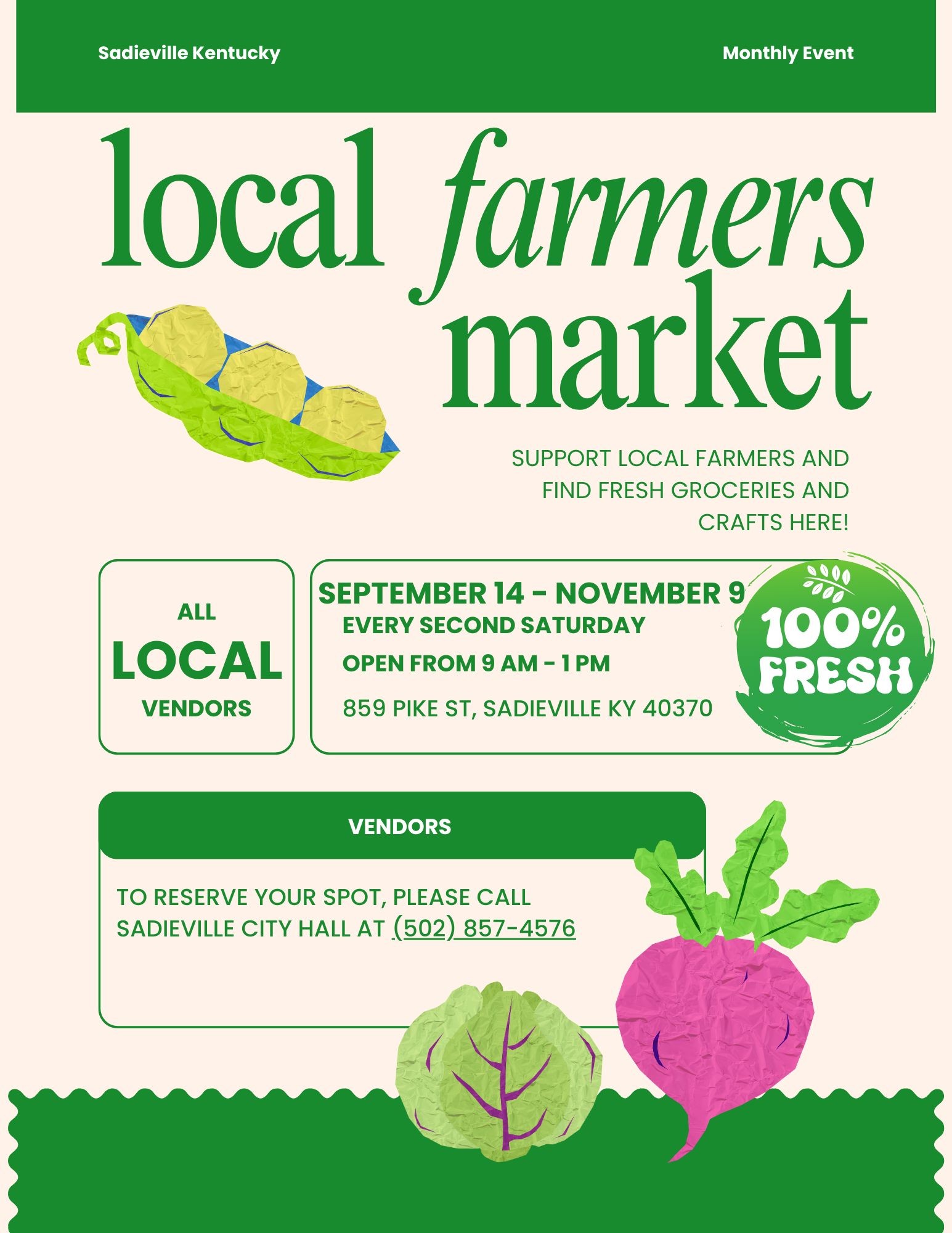Flyer for Sadieville, Kentucky local farmers market, open every second Saturday, September 14 to November 9, from 9 AM to 1 PM.